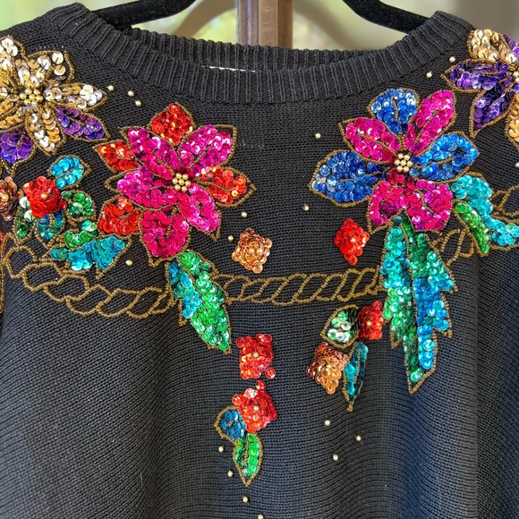 Vintage 80's 90's sequins Diana Marco Black Sweater sz 24 medium large - Picture 5 of 12